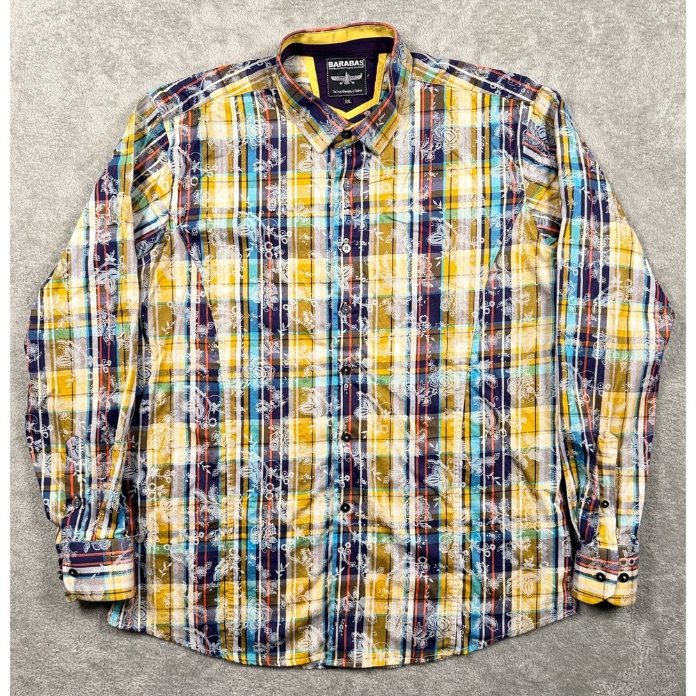 Barabas Shirt Mens XXL Yellow Plaid Floral Graphic Hawaiian Long Sleeve Button